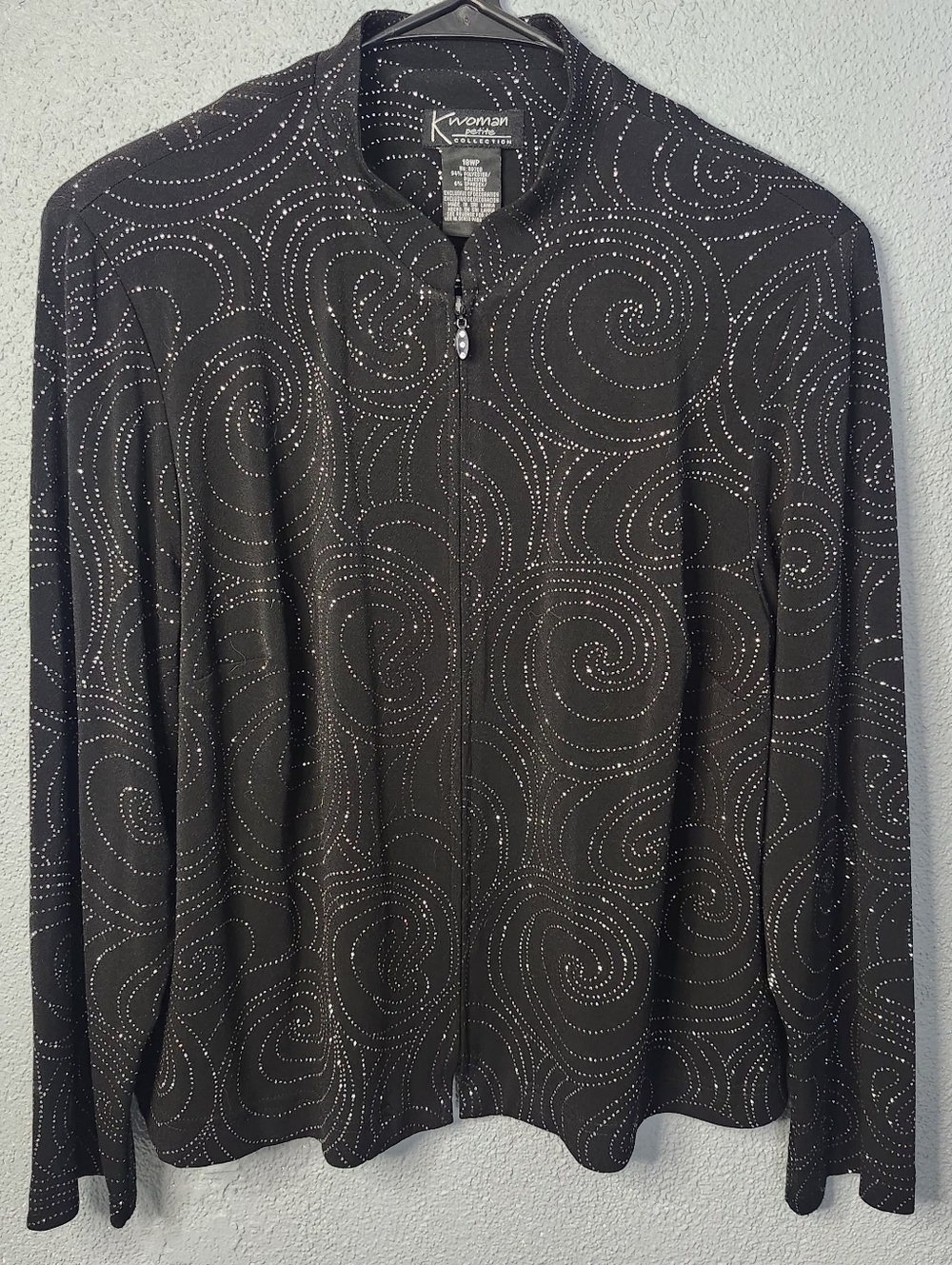 Kwomen Black Zip Front Jacket with Swirl Sparkel Dot Pattern